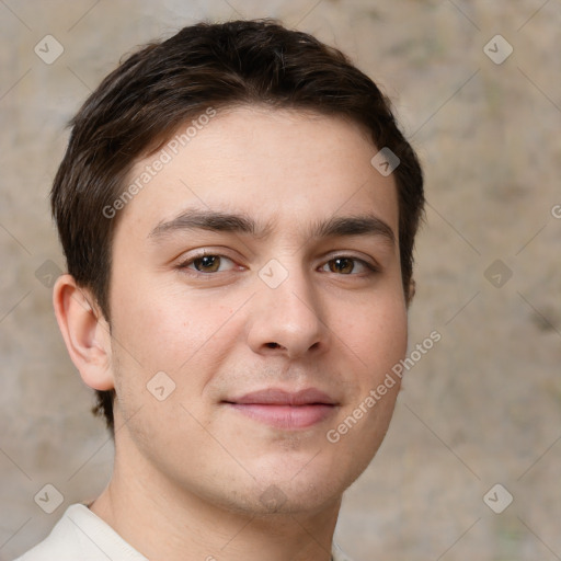 Neutral white young-adult male with short  brown hair and brown eyes