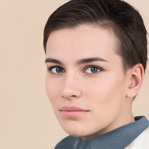 Neutral white young-adult female with short  brown hair and brown eyes