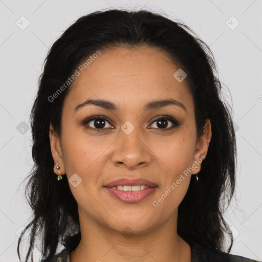 Joyful latino young-adult female with long  brown hair and brown eyes