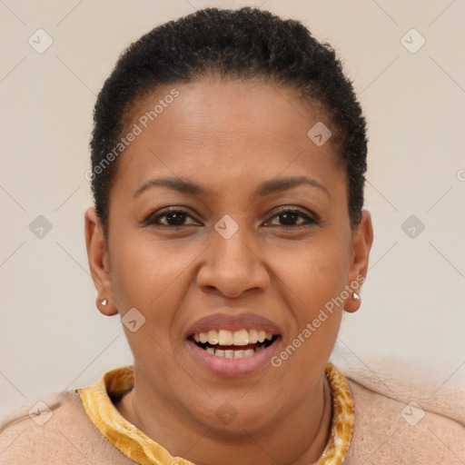 Joyful black young-adult female with short  brown hair and brown eyes