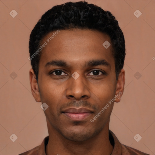 Neutral black young-adult male with short  black hair and brown eyes