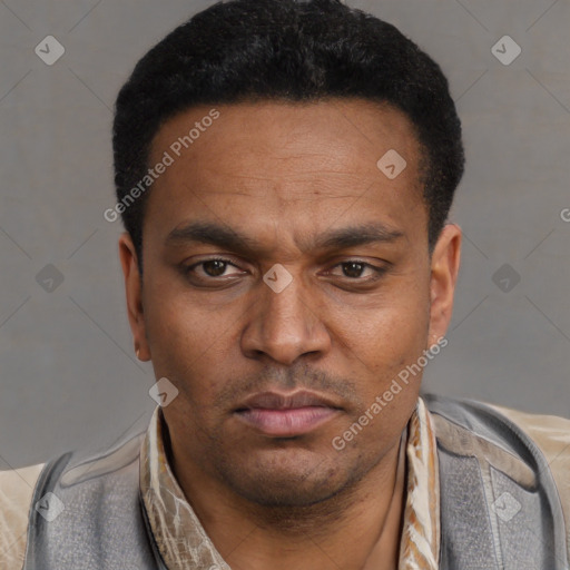 Neutral latino adult male with short  black hair and brown eyes