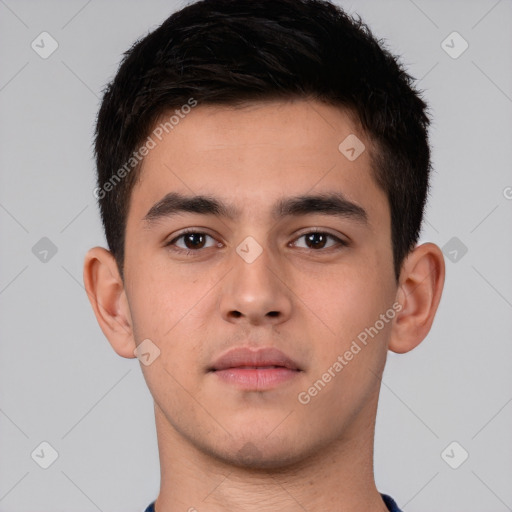 Neutral white young-adult male with short  brown hair and brown eyes