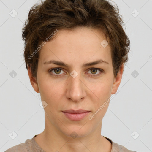 Neutral white young-adult female with short  brown hair and brown eyes