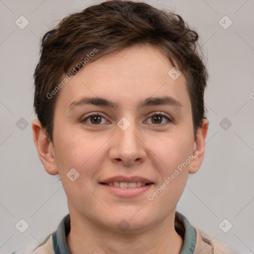 Joyful white young-adult female with short  brown hair and grey eyes