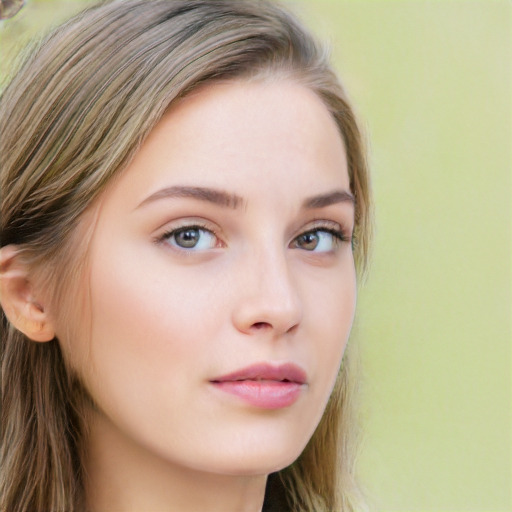 Neutral white young-adult female with long  brown hair and grey eyes