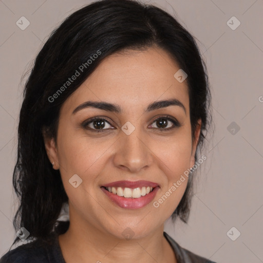 Joyful white young-adult female with medium  black hair and brown eyes