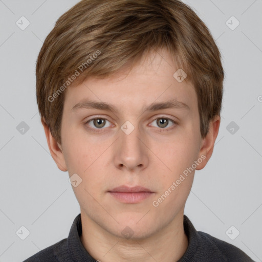 Neutral white young-adult male with short  brown hair and grey eyes