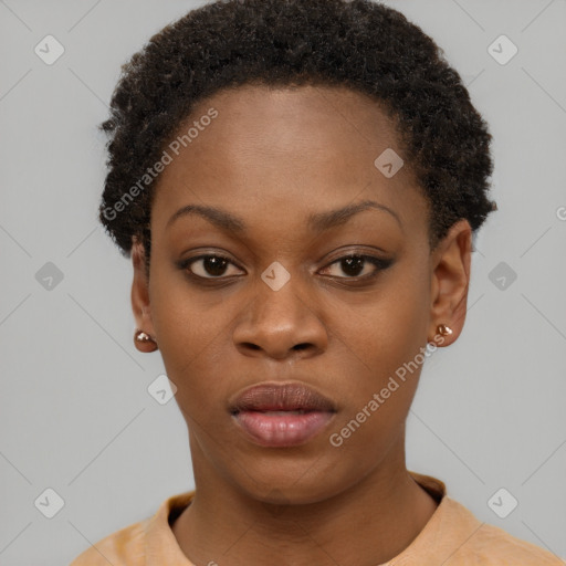 Neutral black young-adult female with short  brown hair and brown eyes