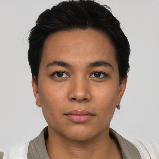 Neutral asian young-adult female with short  black hair and brown eyes