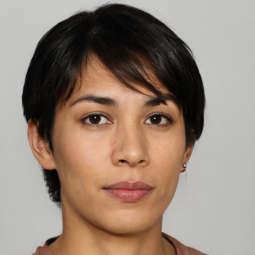 Neutral asian young-adult female with short  brown hair and brown eyes