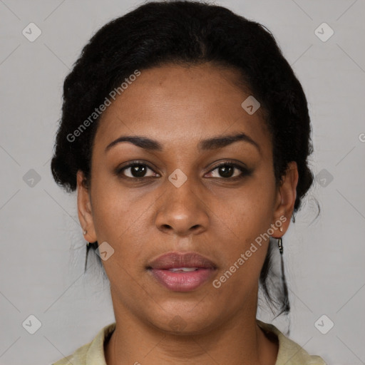 Neutral black young-adult female with short  black hair and brown eyes