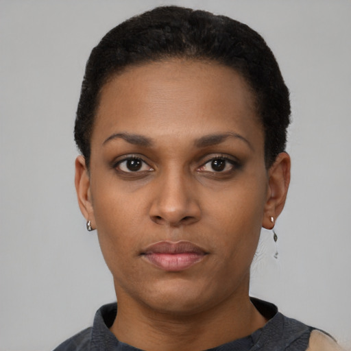 Neutral black young-adult female with short  black hair and brown eyes