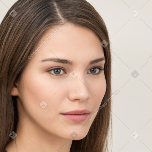 Neutral white young-adult female with long  brown hair and brown eyes