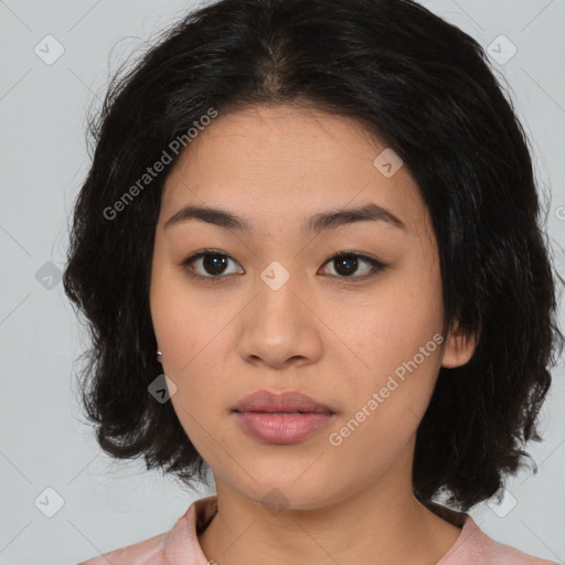 Neutral asian young-adult female with medium  brown hair and brown eyes