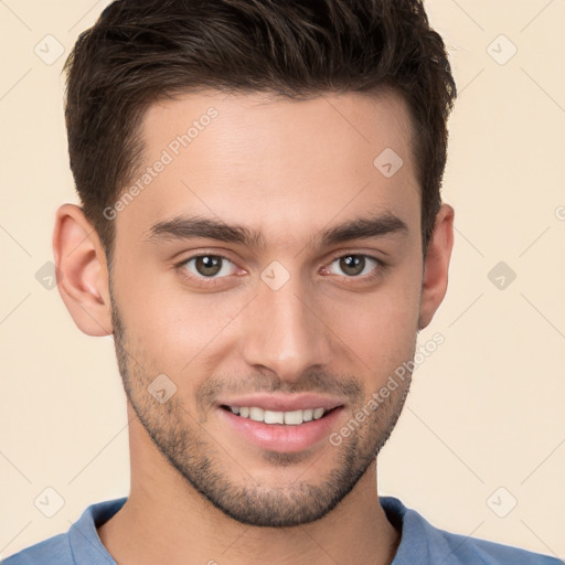 Joyful white young-adult male with short  brown hair and brown eyes