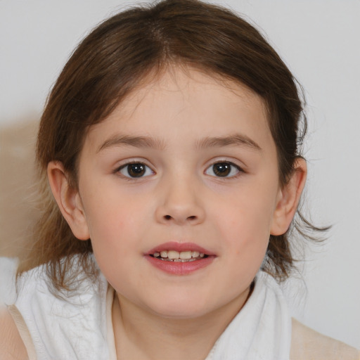 Joyful white child female with medium  brown hair and brown eyes