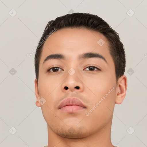 Neutral white young-adult male with short  brown hair and brown eyes