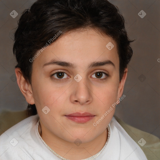 Neutral white young-adult female with short  brown hair and brown eyes