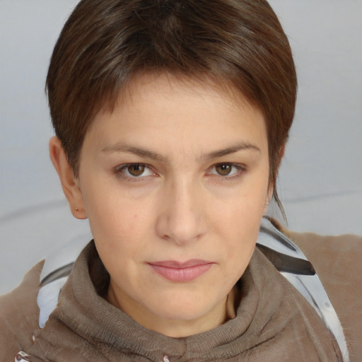 Neutral white young-adult female with short  brown hair and brown eyes