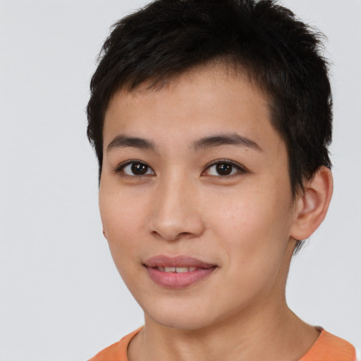 Joyful asian young-adult female with short  brown hair and brown eyes