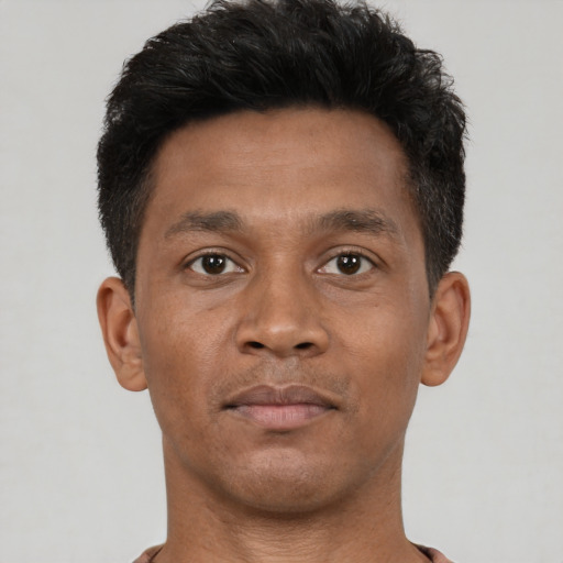 Neutral black young-adult male with short  brown hair and brown eyes