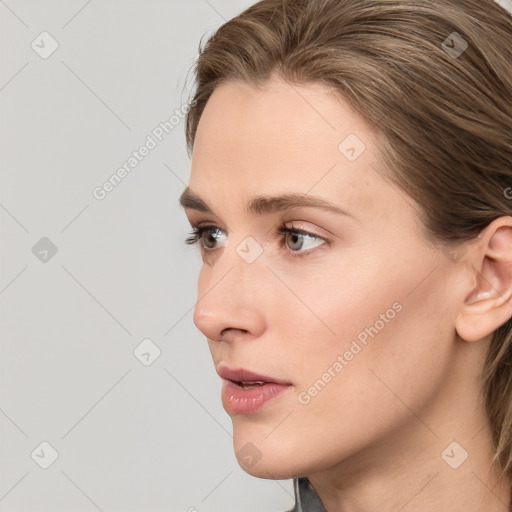 Neutral white young-adult female with long  brown hair and grey eyes