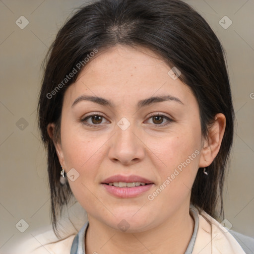 Joyful white young-adult female with medium  brown hair and brown eyes