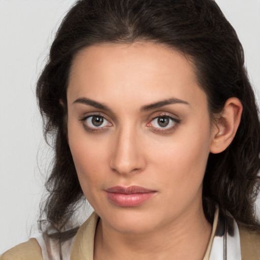 Neutral white young-adult female with medium  brown hair and brown eyes