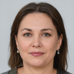 Joyful white adult female with medium  brown hair and grey eyes