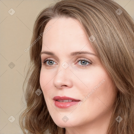 Joyful white young-adult female with long  brown hair and blue eyes