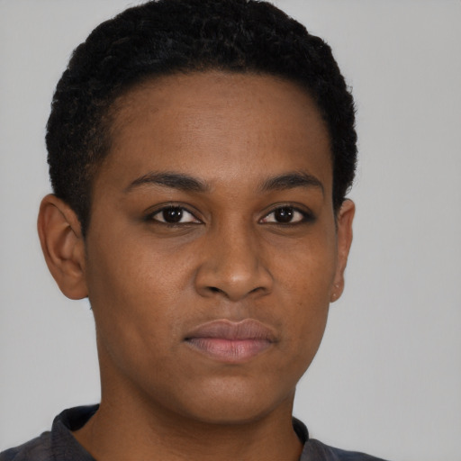 Neutral black young-adult female with short  brown hair and brown eyes