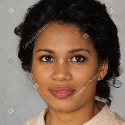 Joyful black young-adult female with medium  black hair and brown eyes