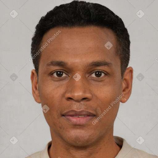 Neutral black young-adult male with short  brown hair and brown eyes