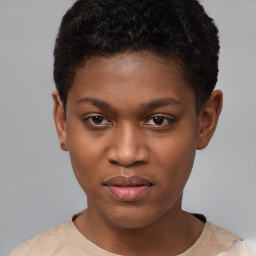 Neutral black young-adult female with short  brown hair and brown eyes