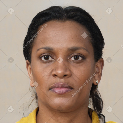 Neutral latino adult female with short  brown hair and brown eyes