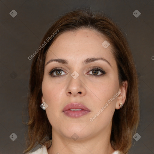 Neutral white young-adult female with medium  brown hair and brown eyes