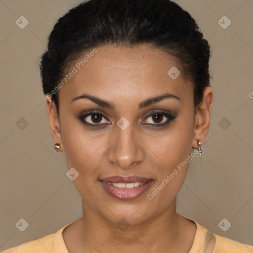 Joyful latino young-adult female with short  brown hair and brown eyes