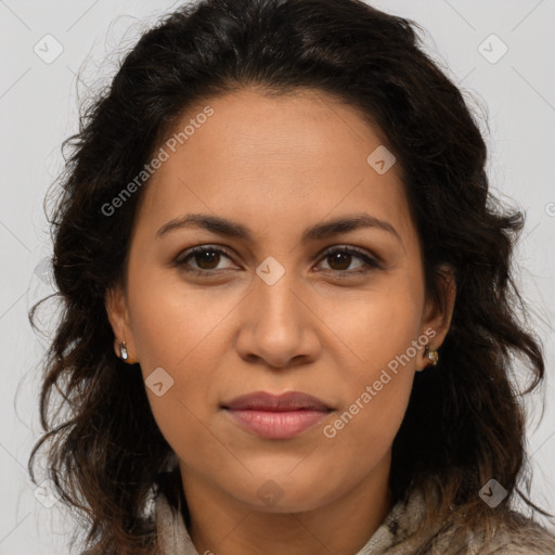 Joyful latino young-adult female with long  brown hair and brown eyes