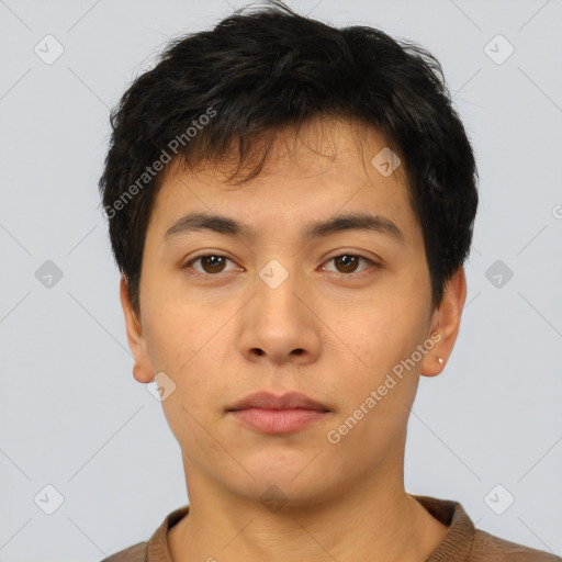 Neutral asian young-adult male with short  black hair and brown eyes