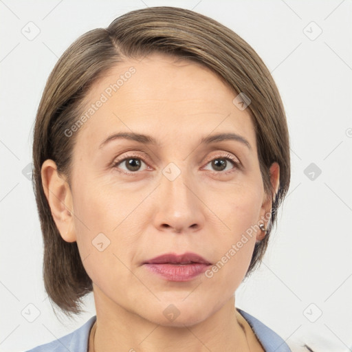 Neutral white adult female with medium  brown hair and brown eyes