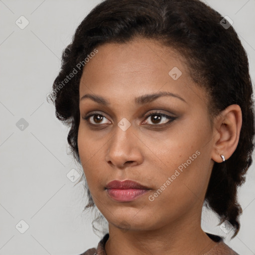 Neutral black young-adult female with short  brown hair and brown eyes