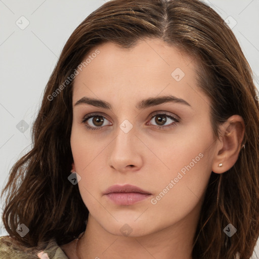 Neutral white young-adult female with long  brown hair and brown eyes