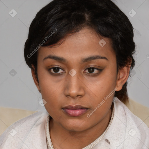 Neutral white young-adult female with short  brown hair and brown eyes