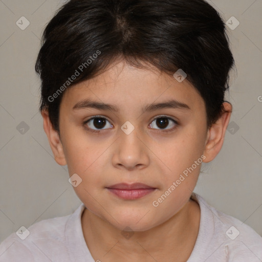 Joyful white child female with medium  brown hair and brown eyes