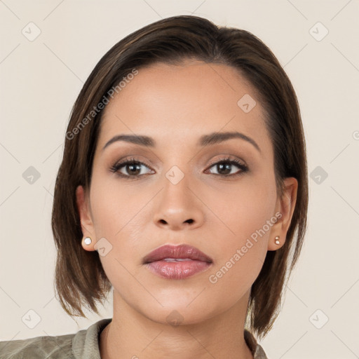 Neutral white young-adult female with medium  brown hair and brown eyes