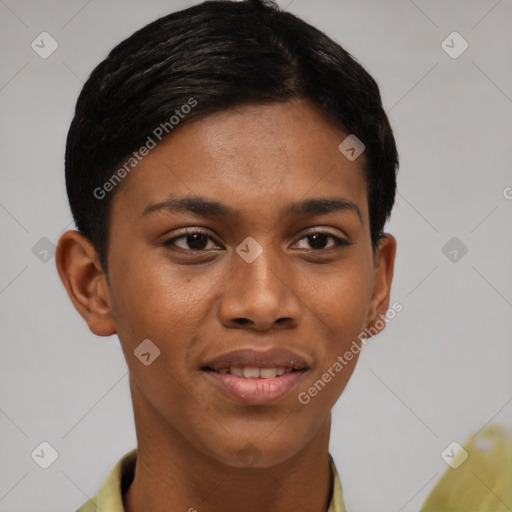 Joyful black young-adult female with short  brown hair and brown eyes