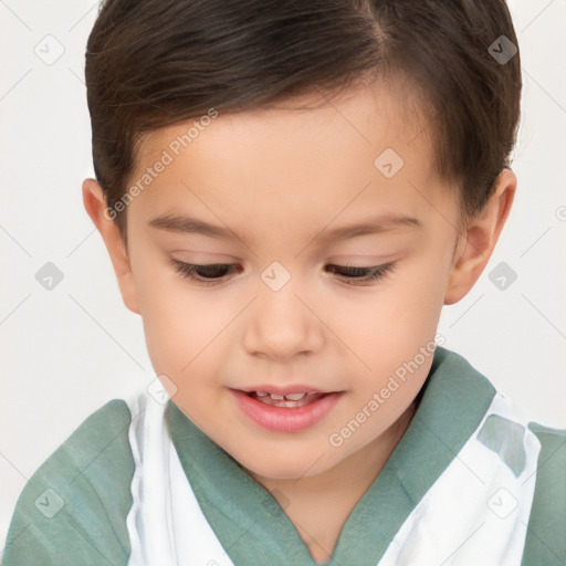 Joyful white child female with short  brown hair and brown eyes