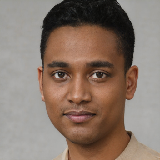 Neutral black young-adult male with short  black hair and brown eyes