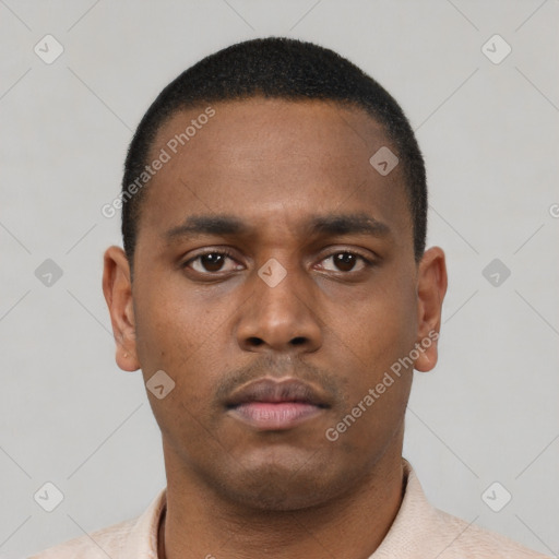 Neutral latino young-adult male with short  brown hair and brown eyes